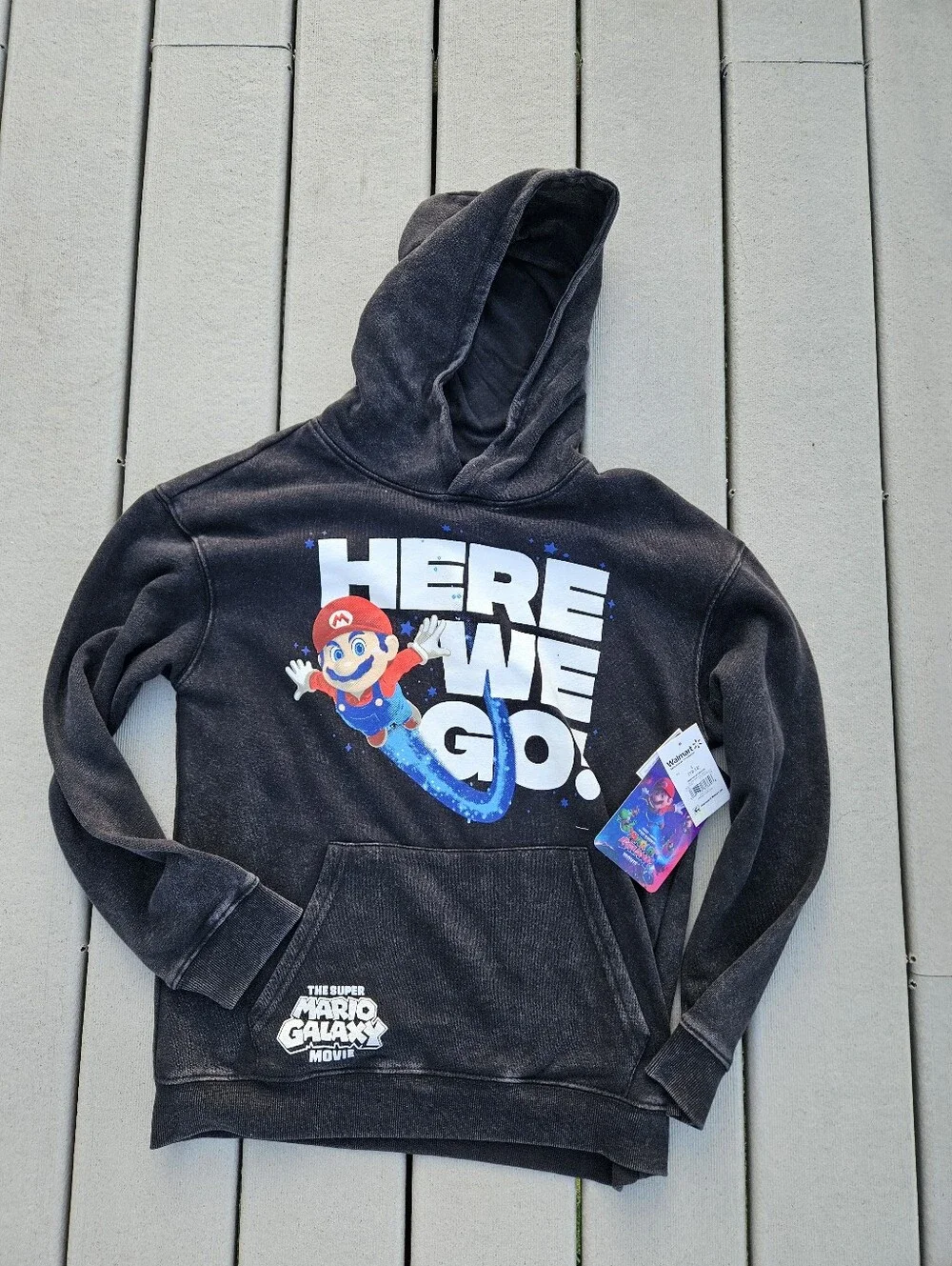 NWT Super Mario Galaxy Movie Boys Hoodie L 10-12 Black Mineral Wash Nintendo